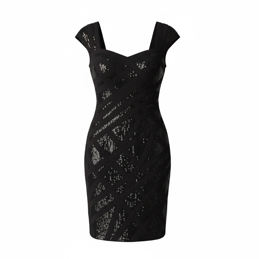 TADASHI SHOJI Black Sequin Cap Sleeve Sheath Dress Bandage Mesh Cocktail Size 4